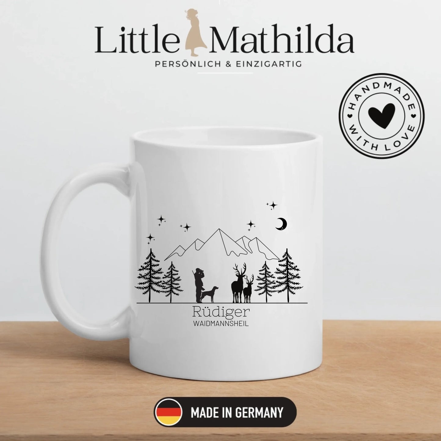 Jägertasse mit Hund und Hirsch
