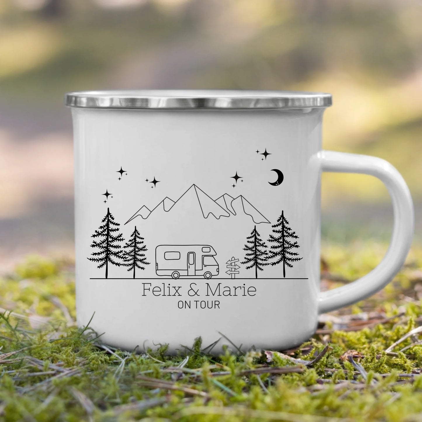 Emaille Camping Tasse mit Wohnmobil Illustration