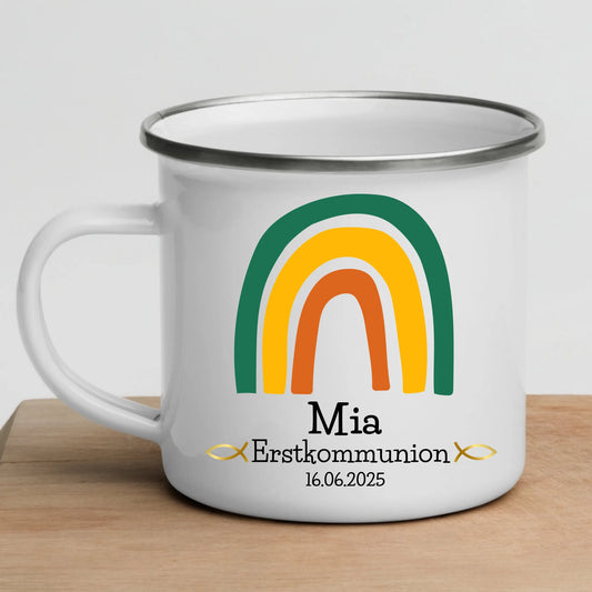 Personalisierte Emaille-Tasse zur Erstkommunion – Grüner Regenbogen