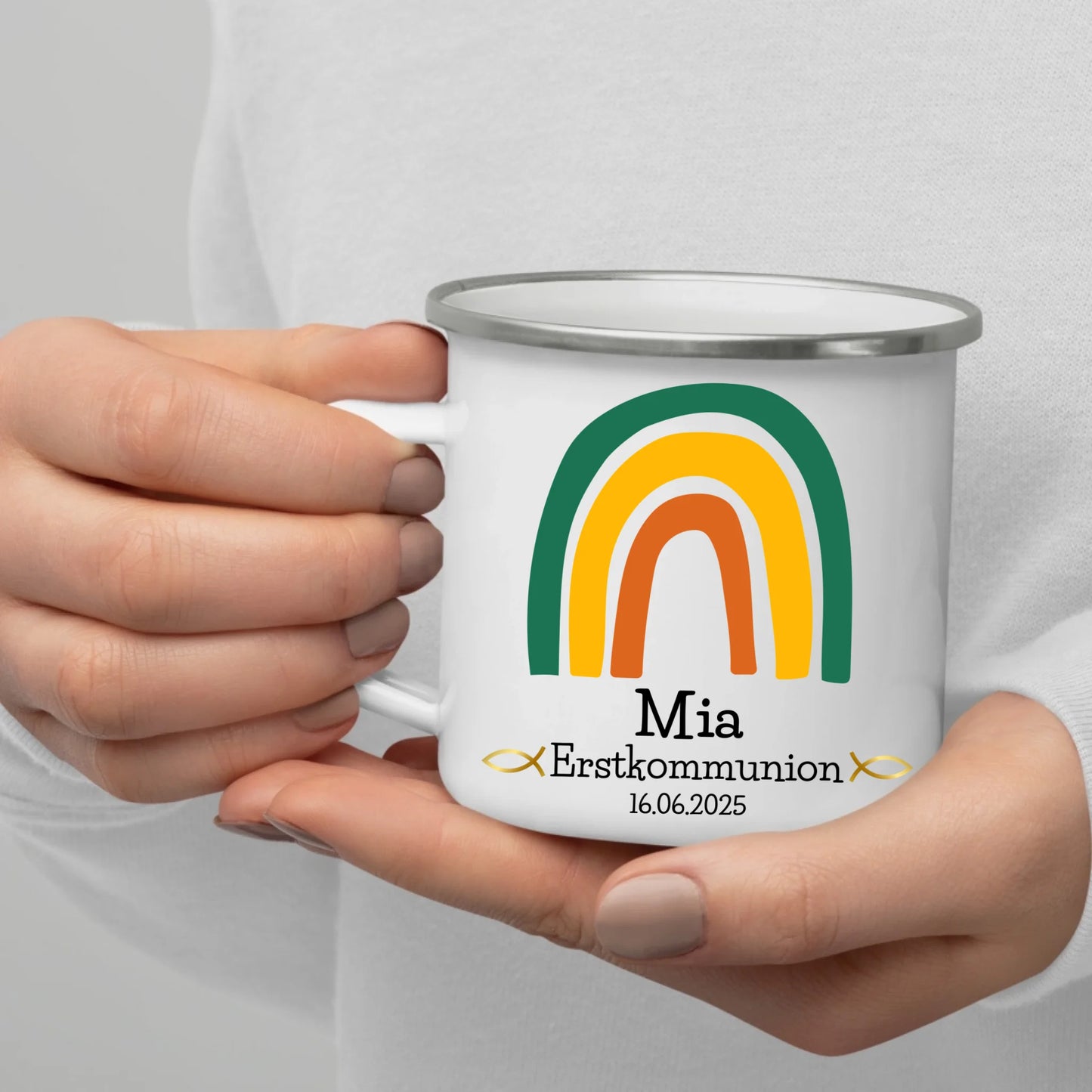 Mug enfant émaillé personnalisé mug émaillé arc-en-ciel vert pour première communion