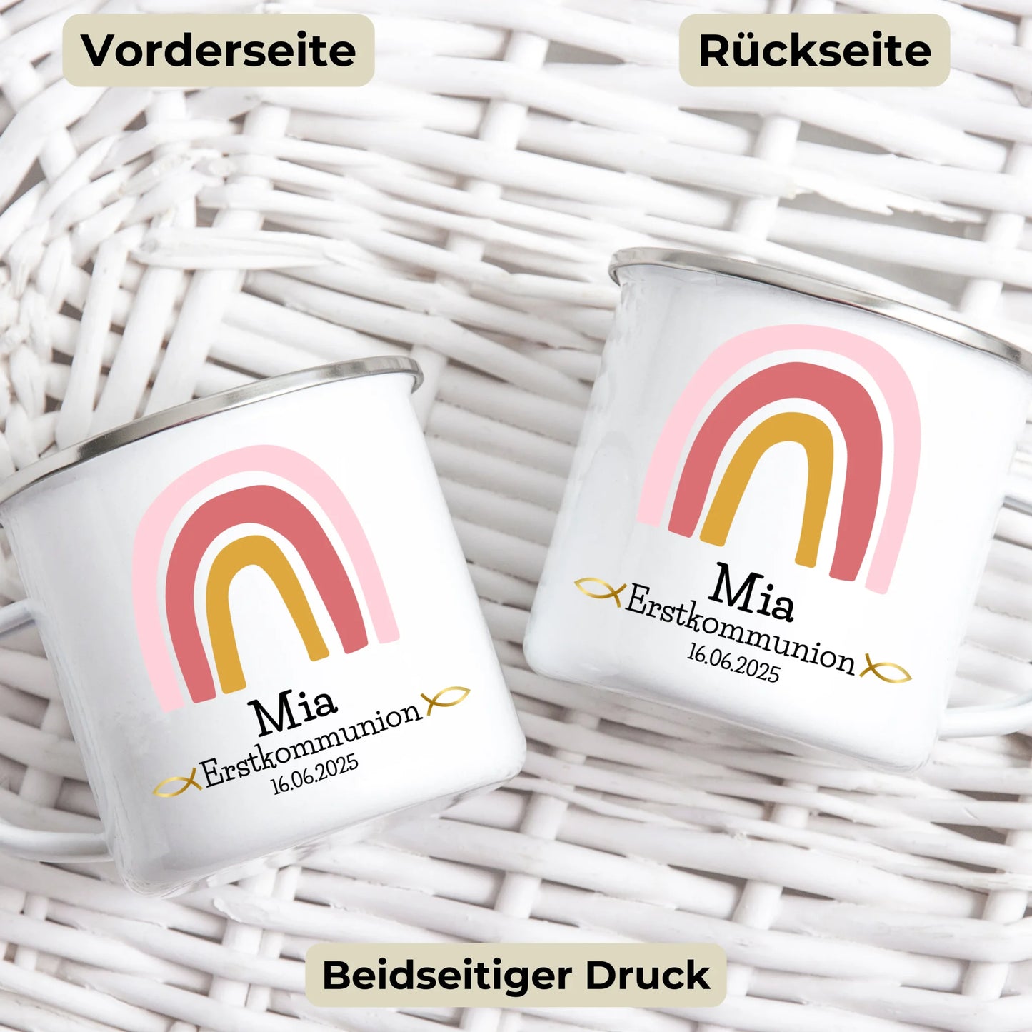 Personalisierte Emaille Kindertasse zur Erstkommunion rosa Regenbogen