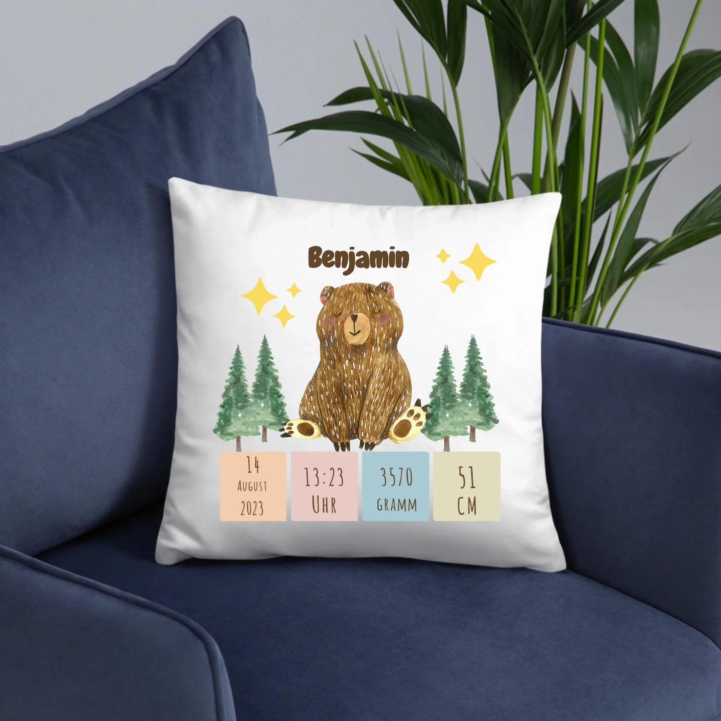 Personalisiertes Geburtskissen: Schlafbär (40x40cm Baumwolle)
