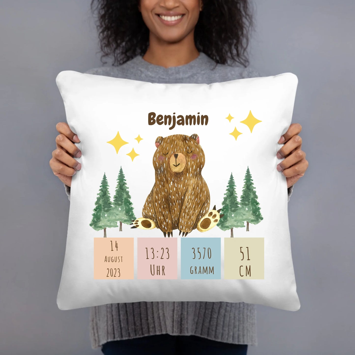 Personalisiertes Geburtskissen: Schlafbär (40x40cm Baumwolle)