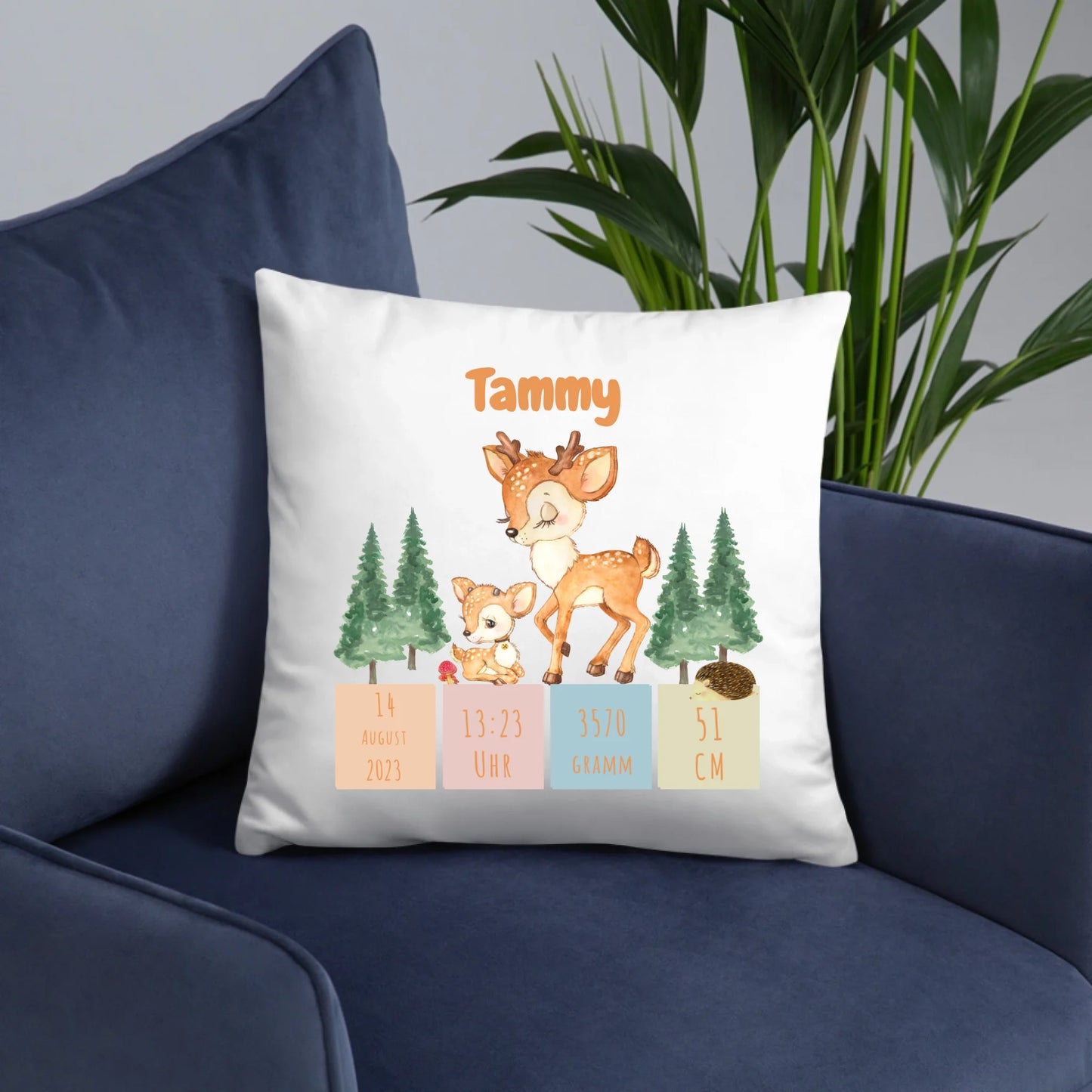 Personalisiertes Geburtskissen: Rehfamilie (40x40cm Baumwolle)