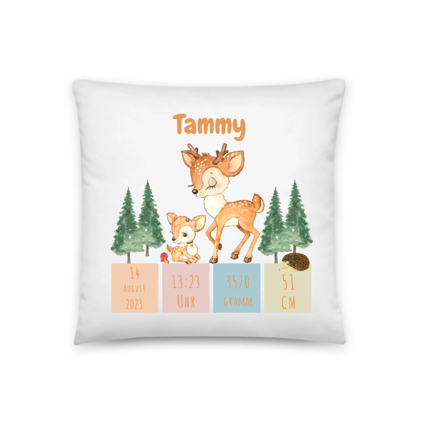Personalisiertes Geburtskissen: Rehfamilie (40x40cm Baumwolle)
