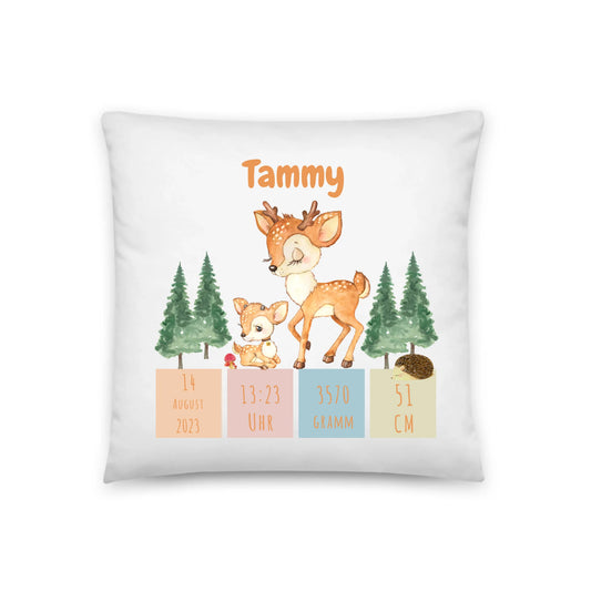 Personalisiertes Geburtskissen: Rehfamilie (40x40cm Baumwolle)