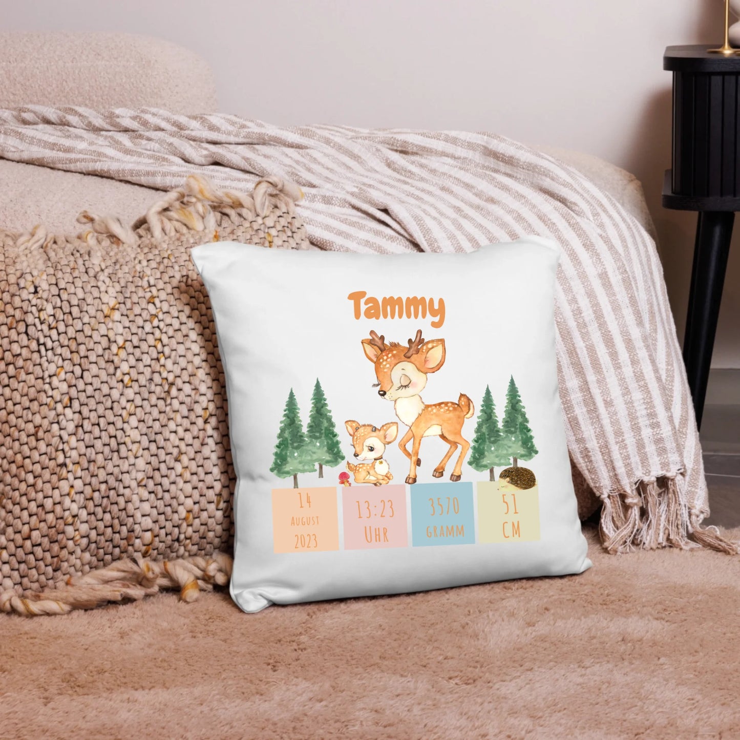 Personalisiertes Geburtskissen: Rehfamilie (40x40cm Baumwolle)