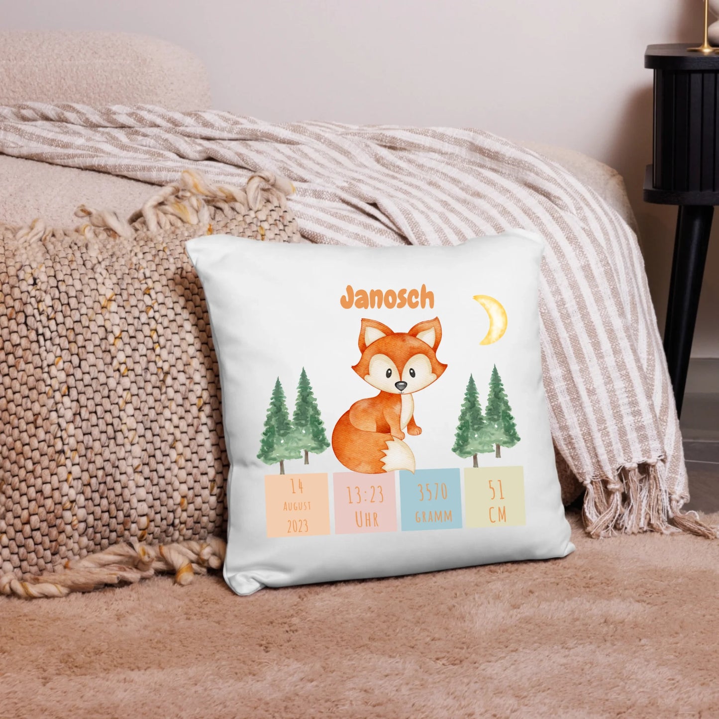 Personalisiertes Geburtskissen: Fuchs (40x40cm Baumwolle)