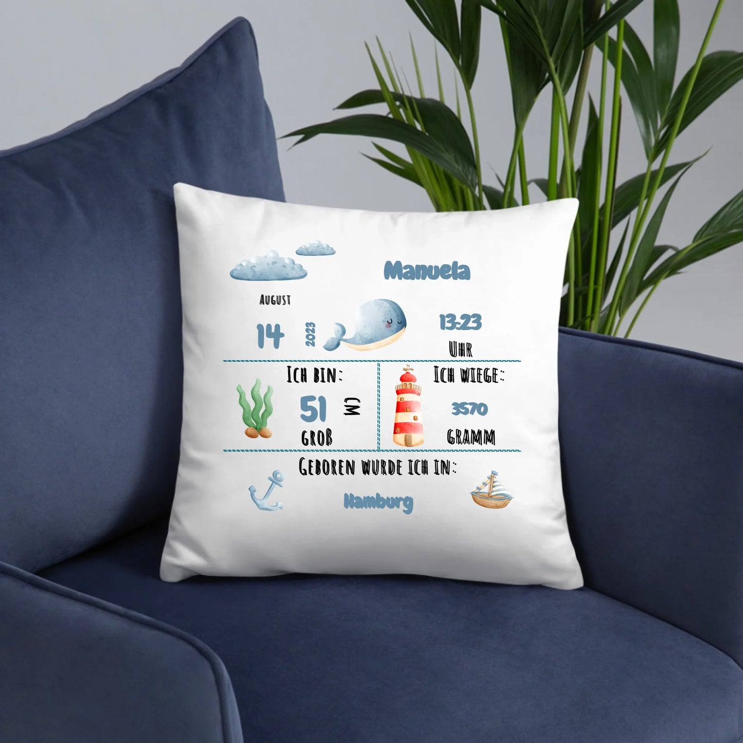 Personalisiertes Geburtskissen: Meerestiere & Waldtiere (40x40cm Baumwolle)
