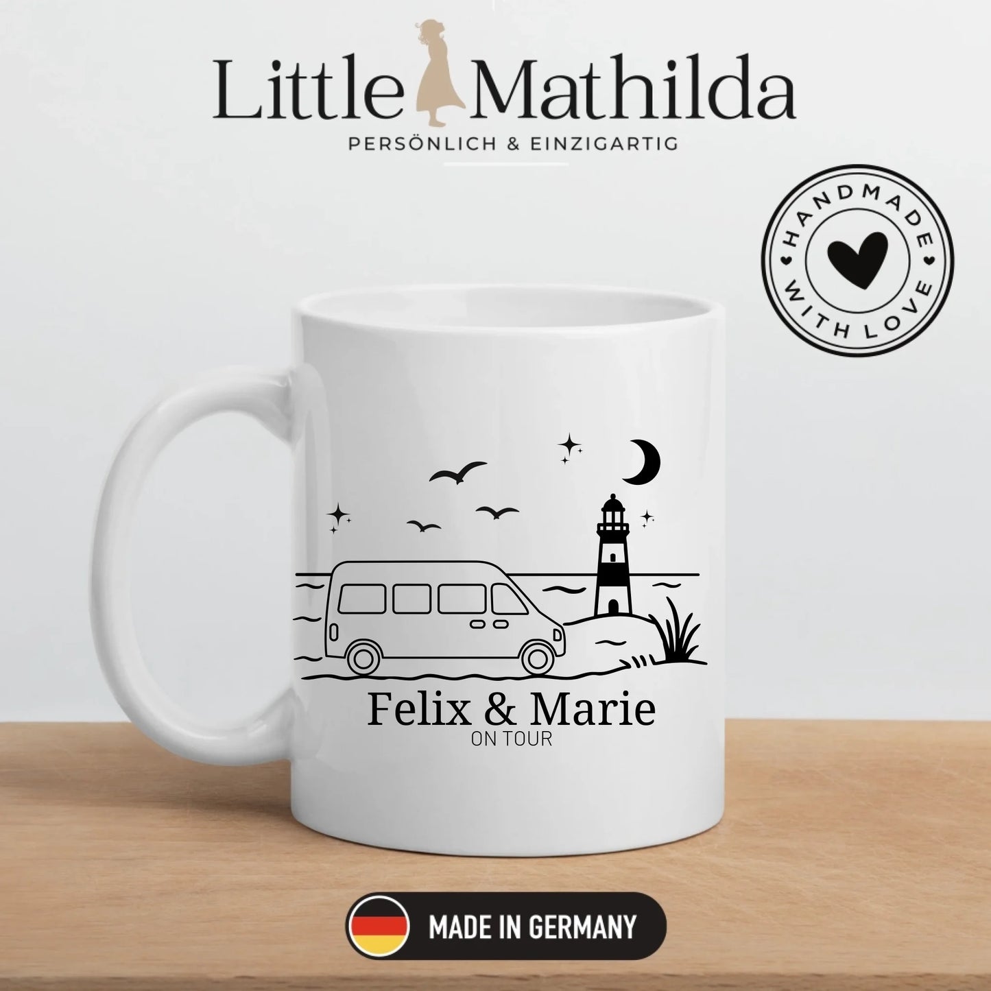 Emaille Camping Tasse Kastenwagen am Meer