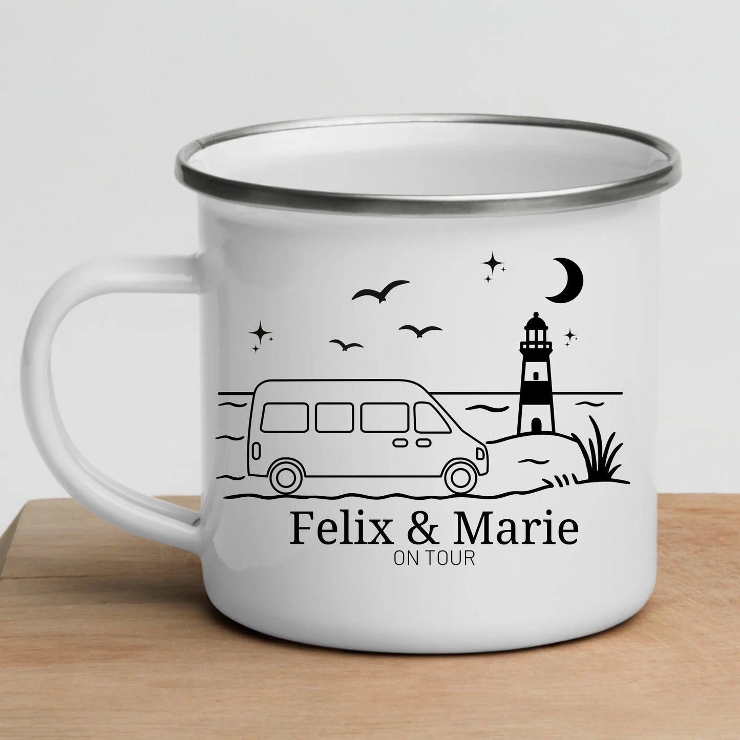 Emaille Camping Tasse Kastenwagen am Meer