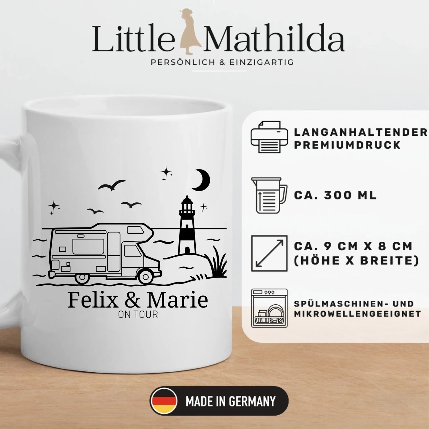 Emaille Camping Tasse Wohnwagen am Meer