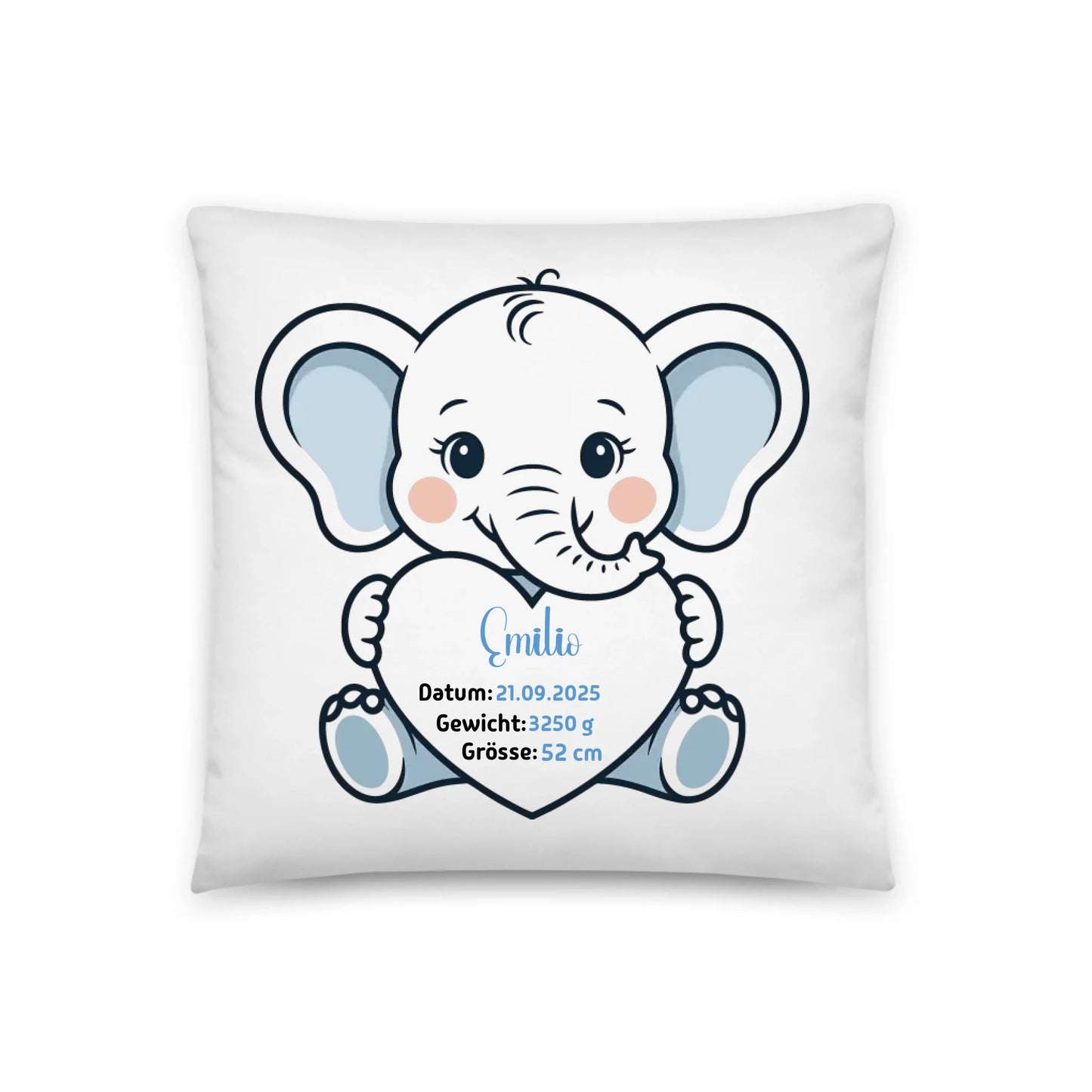 Coussin de naissance personnalisé éléphant avec nom, date, poids et taille 