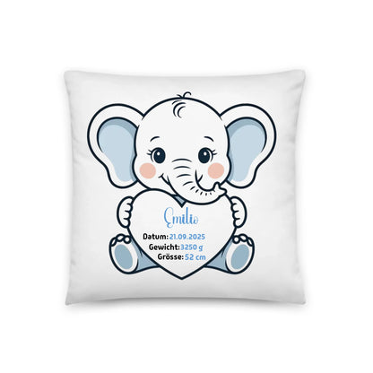 Coussin de naissance personnalisé éléphant avec nom, date, poids et taille 