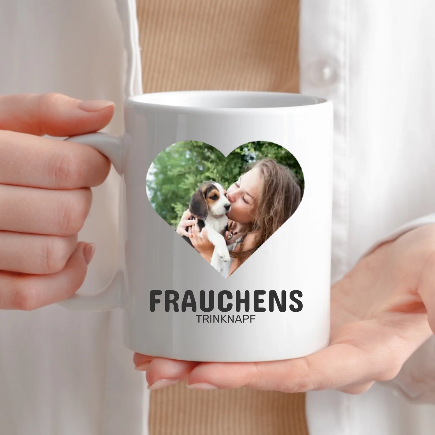 Personalisierte Geschenktasse für Hundebesitzer mit Foto "Frauchens Trinknapf"