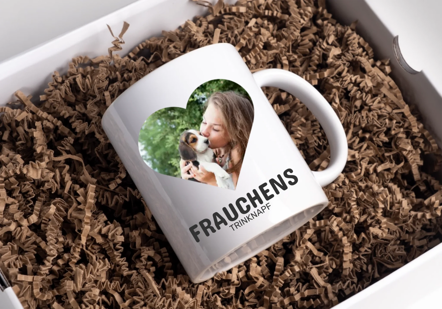 Personalisierte Geschenktasse für Hundebesitzer mit Foto "Frauchens Trinknapf"