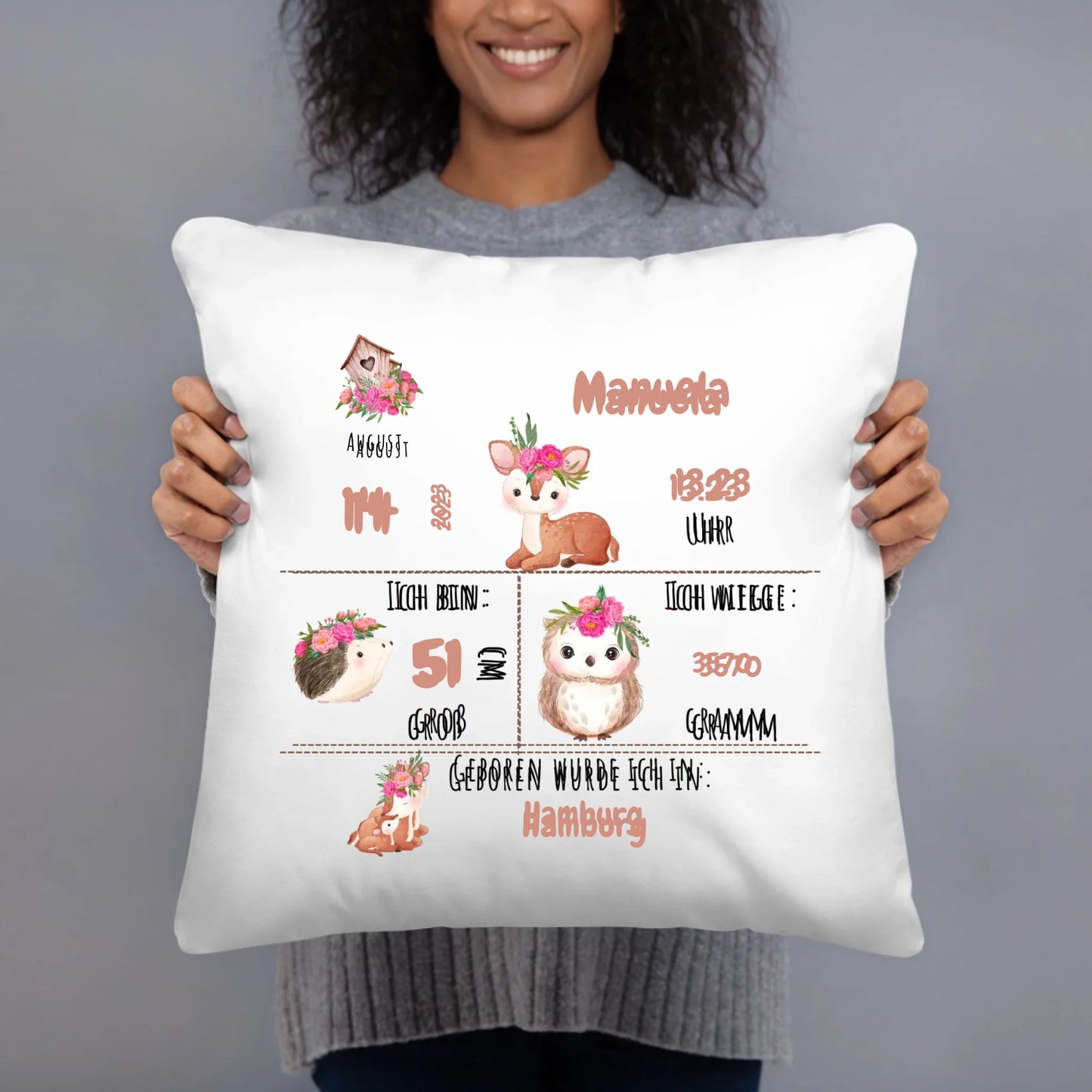 Personalisiertes Geburtskissen: Waldtiere (40x40cm Baumwolle)