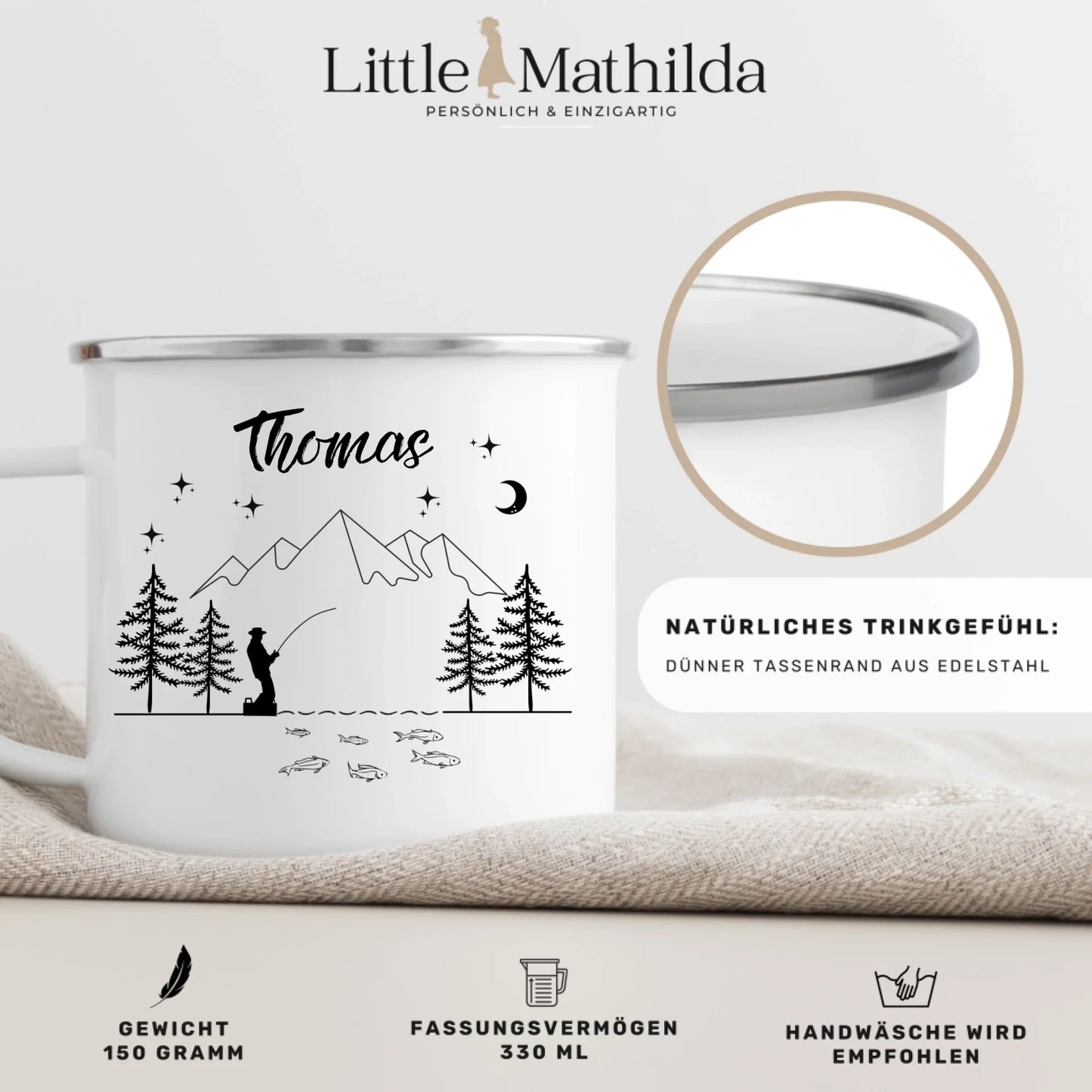Personalisierte Emaille Tasse Angler "Petri Heil"