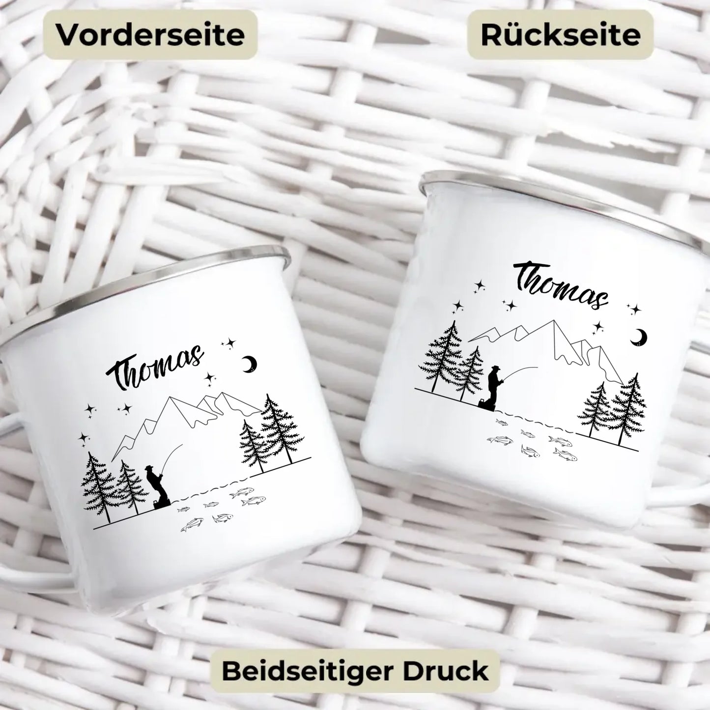 Personalisierte Emaille Tasse Angler "Petri Heil"