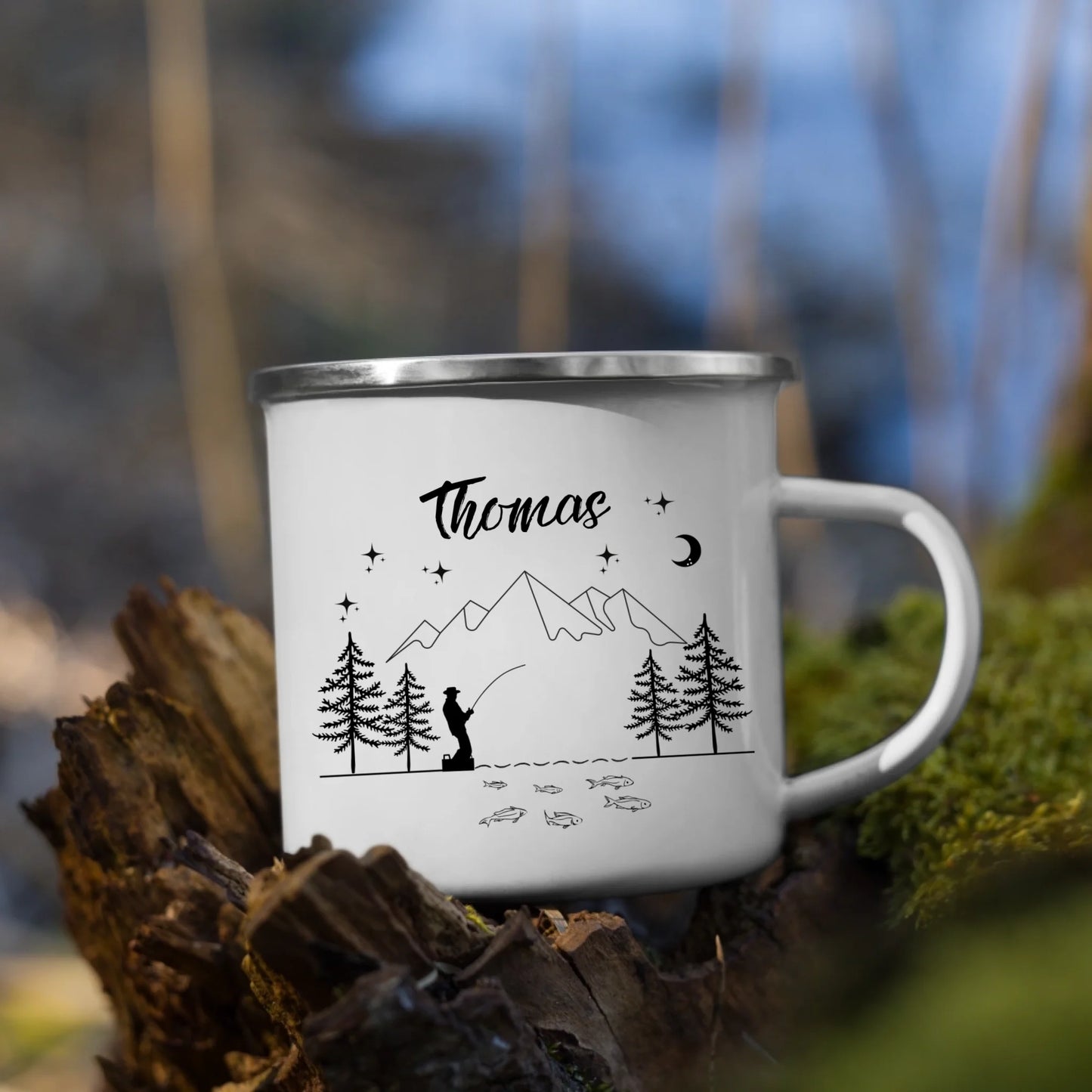 Personalisierte Emaille Tasse Angler "Petri Heil"