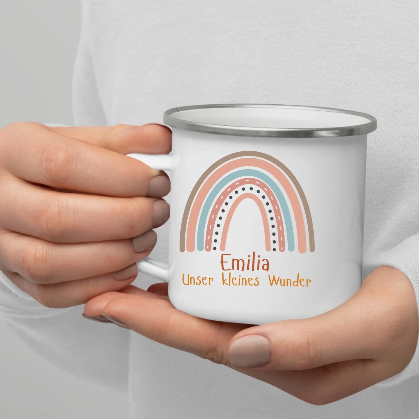 Emaille Kindertasse mit Henkel – bruchsicherer Kinderbecher mit Namen, ideal als Geschenk im Herbst