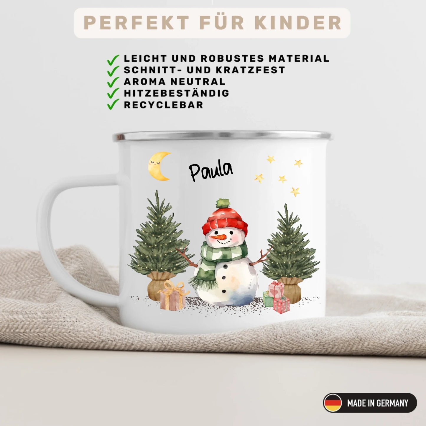 Bruchsichere Emaille Kindertasse mit Henkel – personalisierte Kinderbecher mit Namen oder Foto