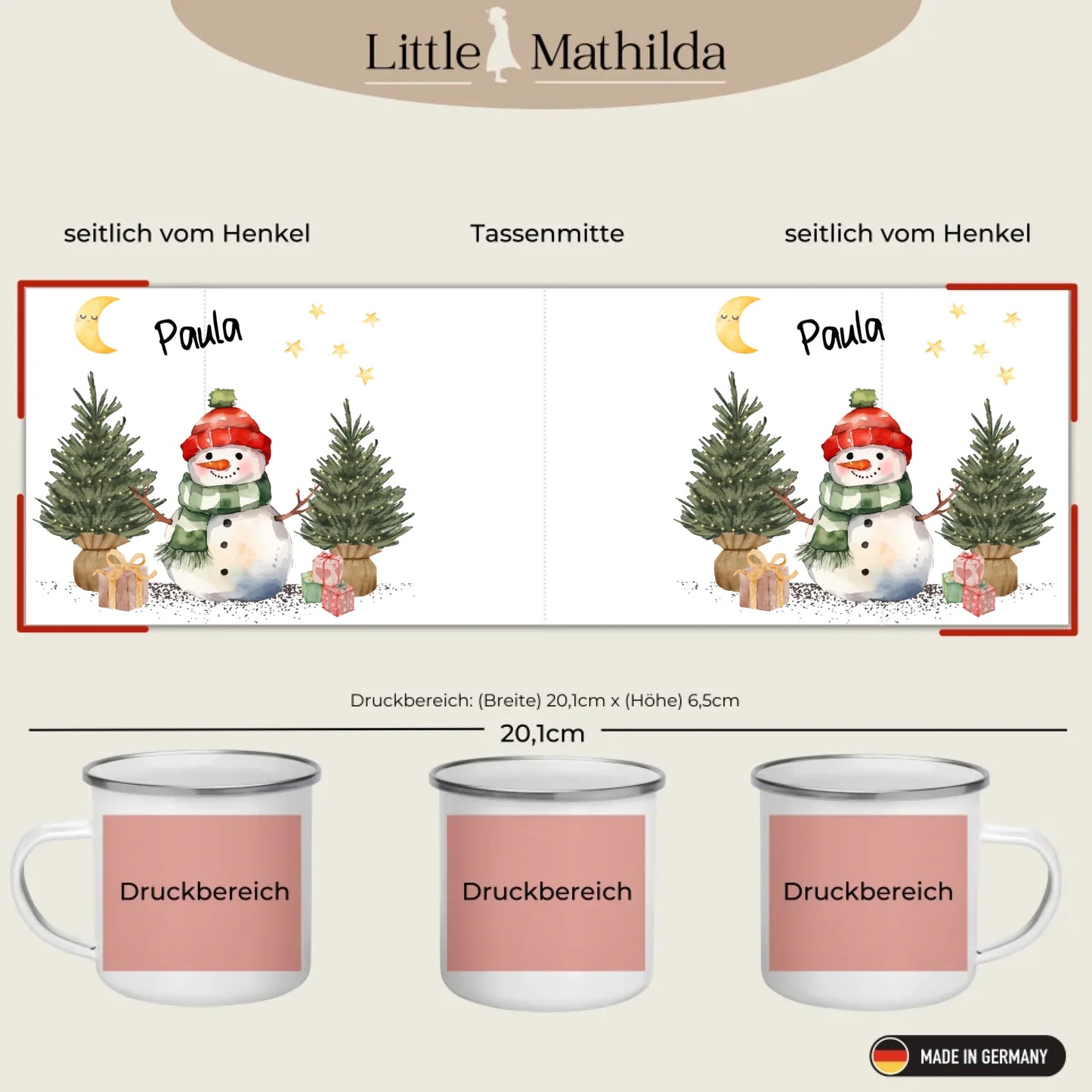 Kindertasse Weihnachten – liebevoll personalisierte Emaille Tasse mit Namen und winterlichem Design von Little Mathilda