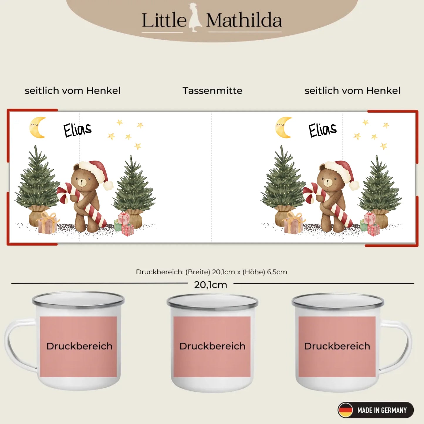 Kindertasse Weihnachten – liebevoll personalisierte Emaille Tasse mit Namen und winterlichem Design von Little Mathilda