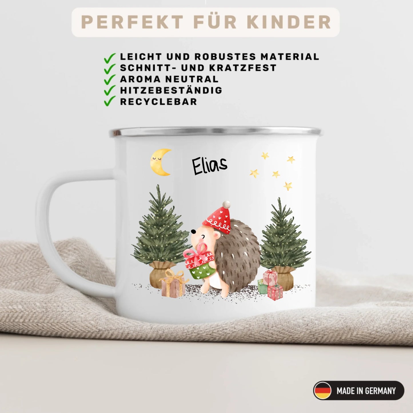Bruchsichere Emaille Kindertasse mit Henkel – personalisierte Kinderbecher mit Namen oder Foto