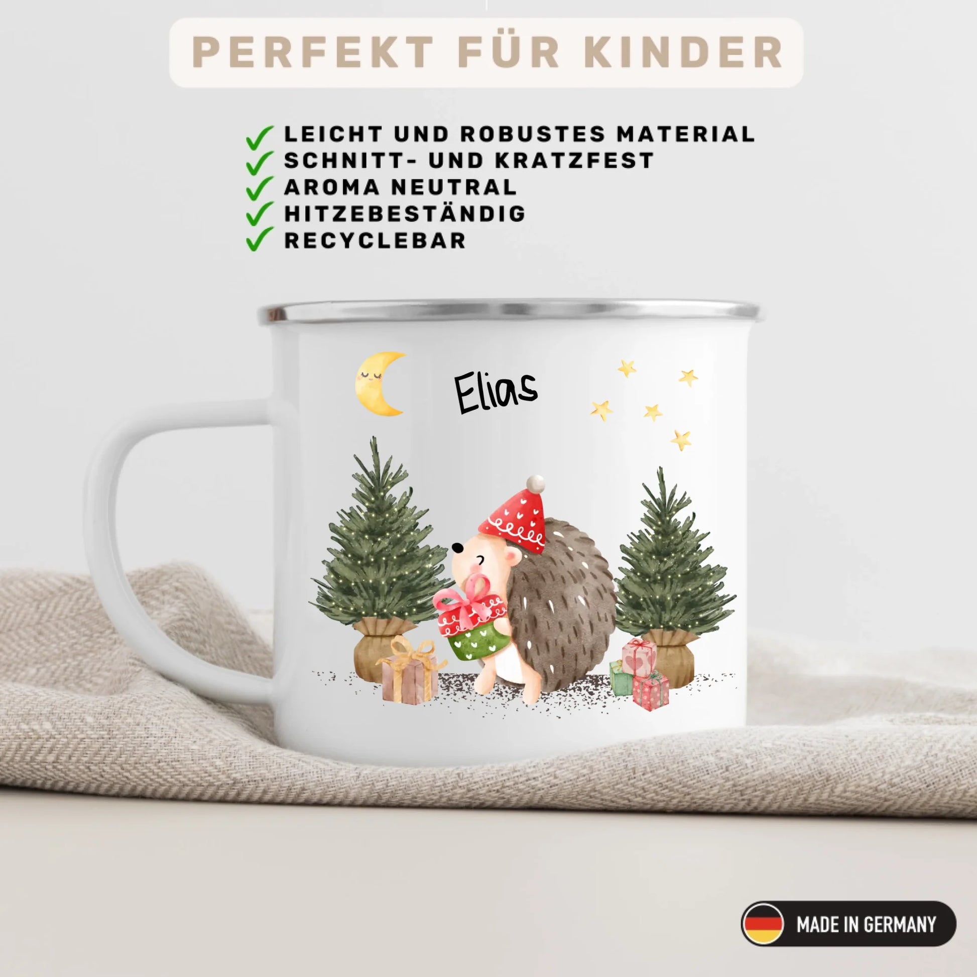 Bruchsichere Emaille Kindertasse mit Henkel – personalisierte Kinderbecher mit Namen oder Foto