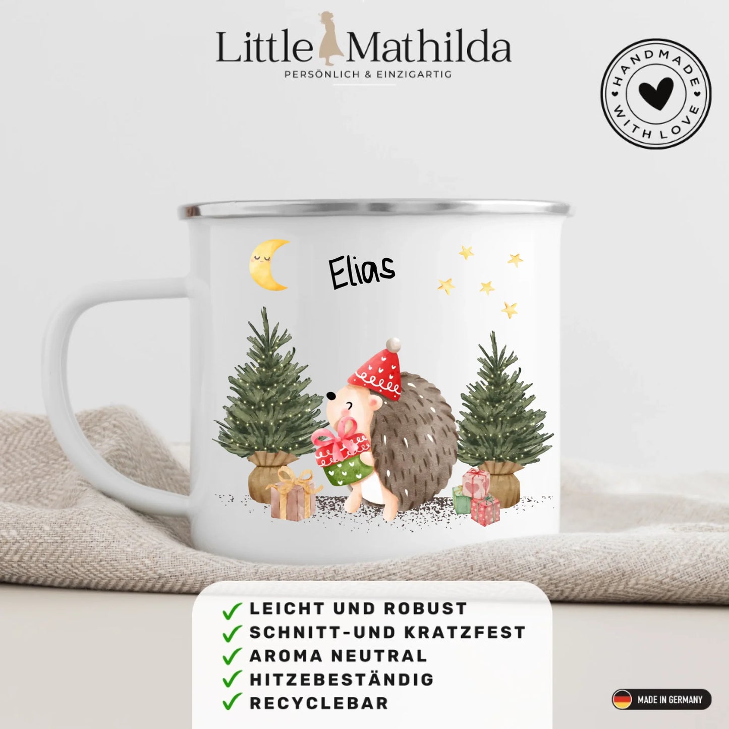 Personalisierte Kindertasse aus Emaille – hochwertige Kinderbecher mit Namen und Motiv selbst gestalten