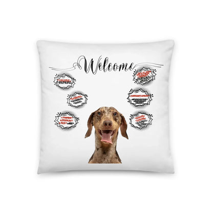 Personalisiertes Kissen Willkommen mit Wunschfoto vom Hund und witzigen Sprechblasen