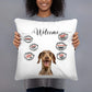 Personalisiertes Kissen Willkommen mit Wunschfoto vom Hund und witzigen Sprechblasen