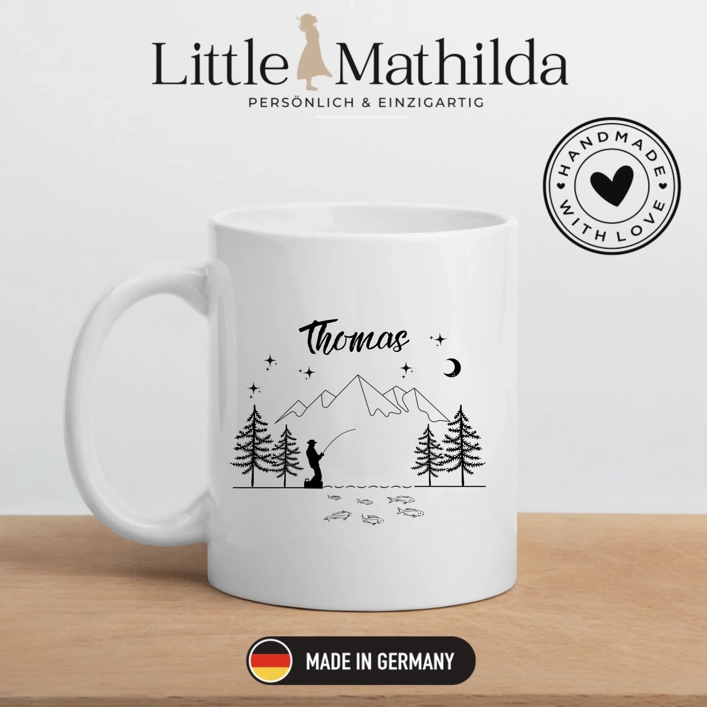 Personalisierte Emaille Tasse Angler "Petri Heil"