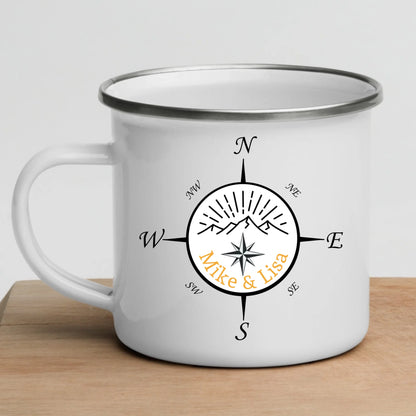 Personalisierte Emaille Camping Tasse "Kompass"