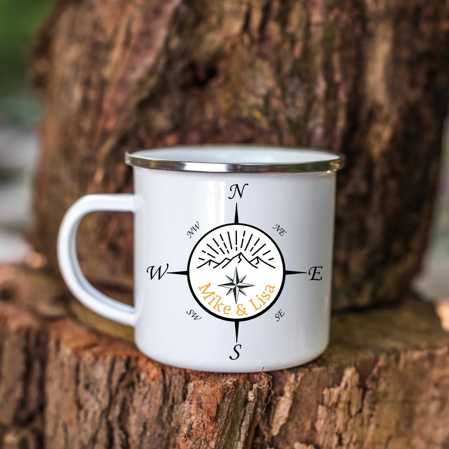 Personalisierte Emaille Camping Tasse "Kompass"