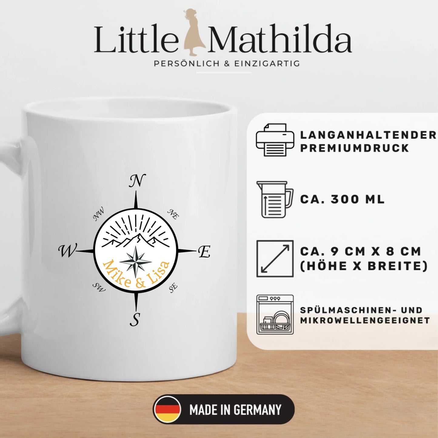 Personalisierte Emaille Camping Tasse "Kompass"