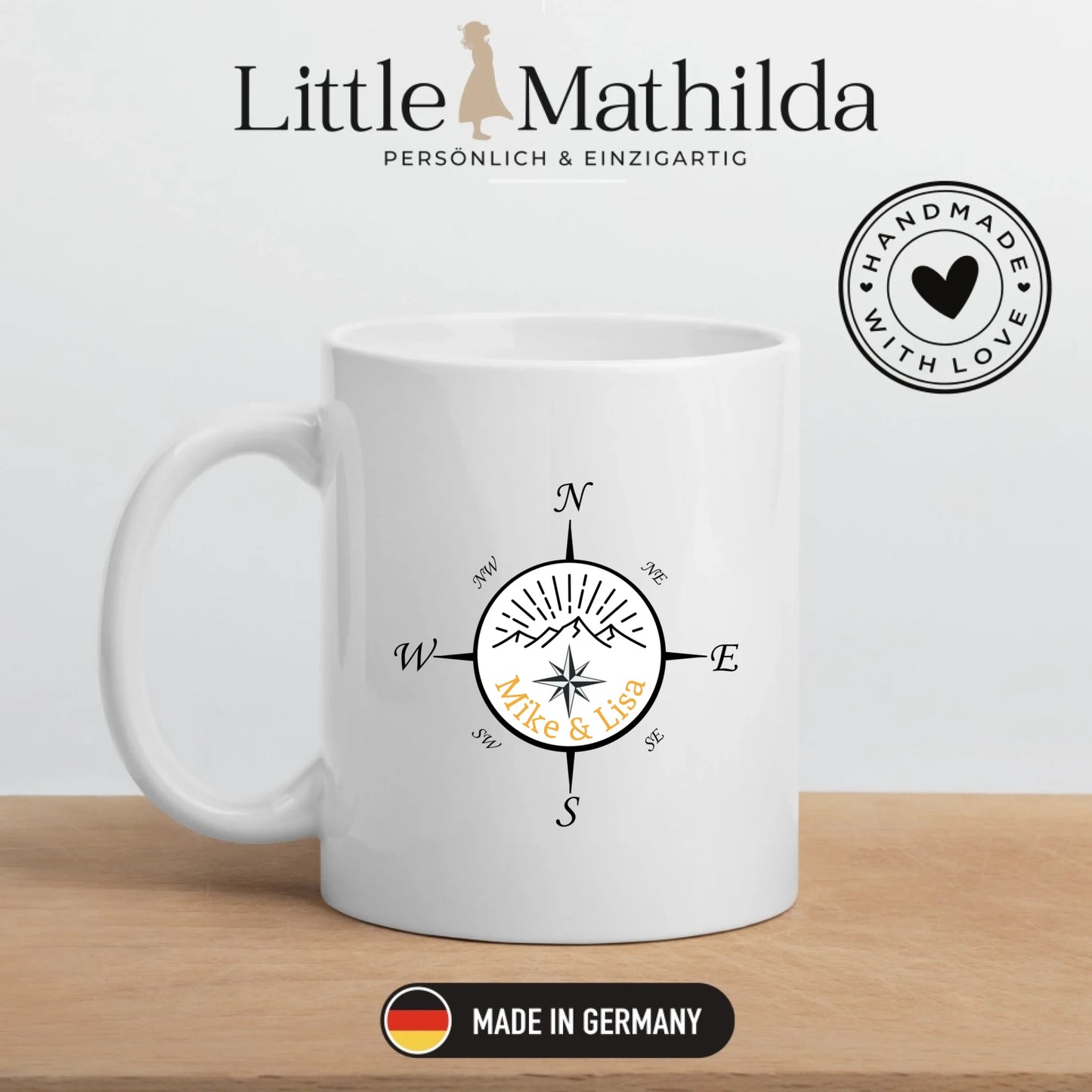 Personalisierte Emaille Camping Tasse "Kompass"