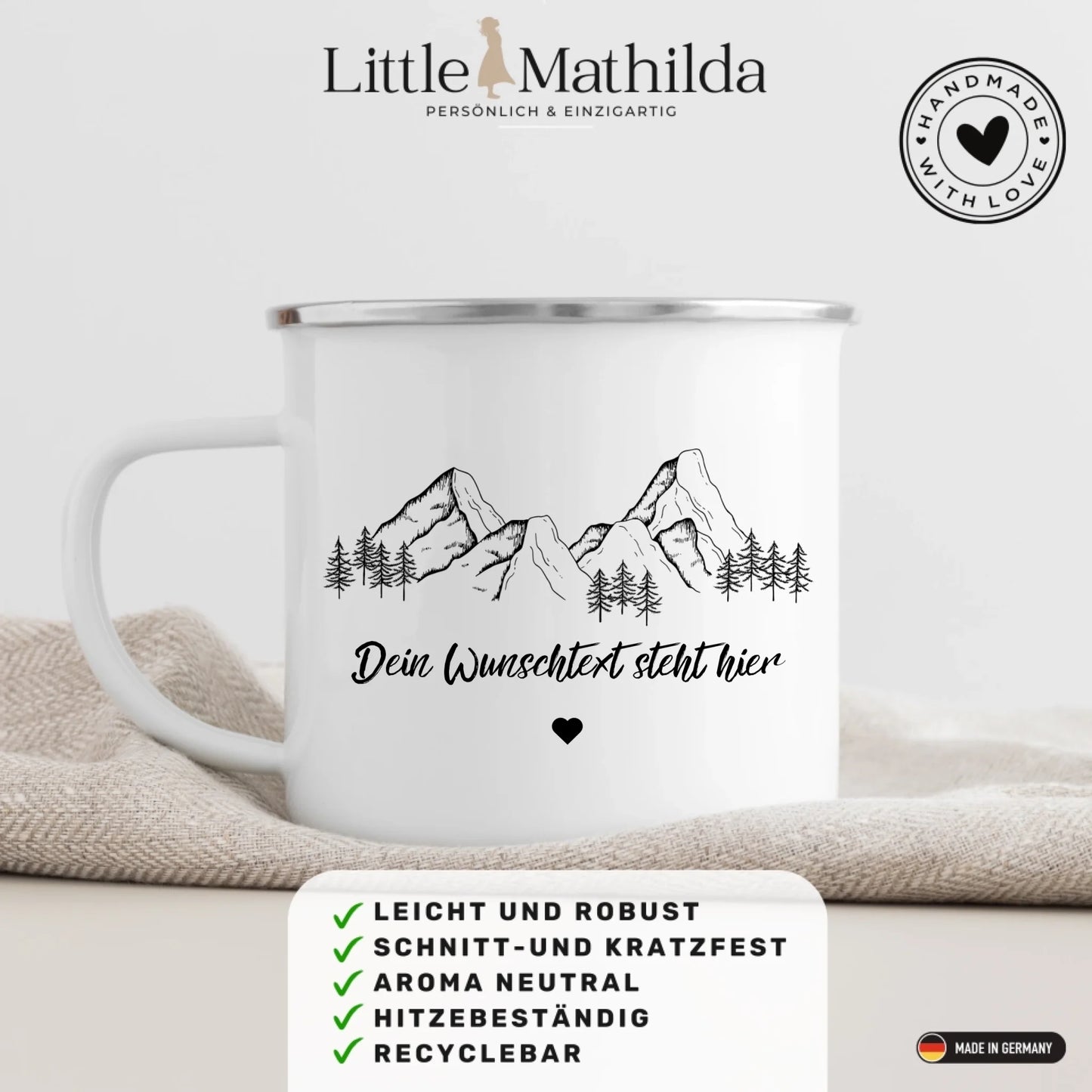Personalisierte Emaille Camping Tasse mit Camping-Zitaten