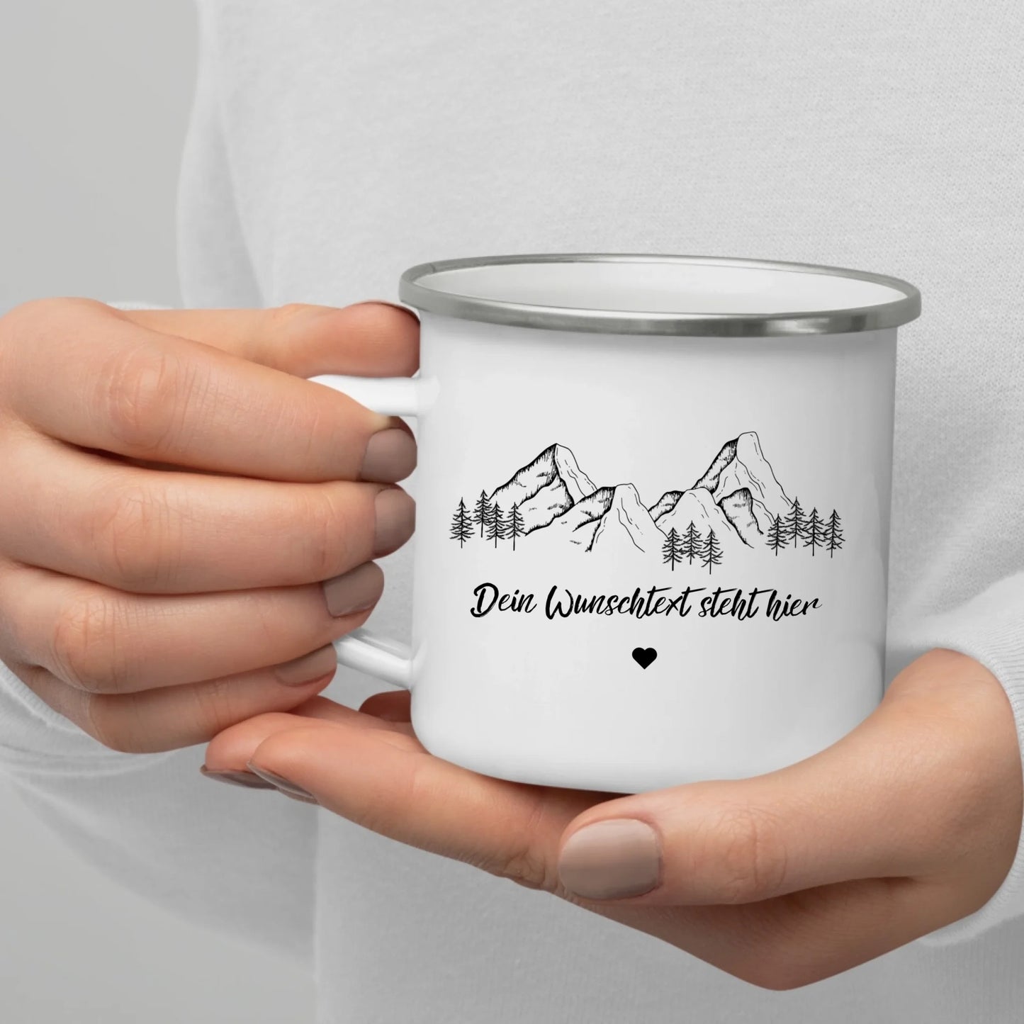 Personalisierte Emaille Camping Tasse mit Camping-Zitaten