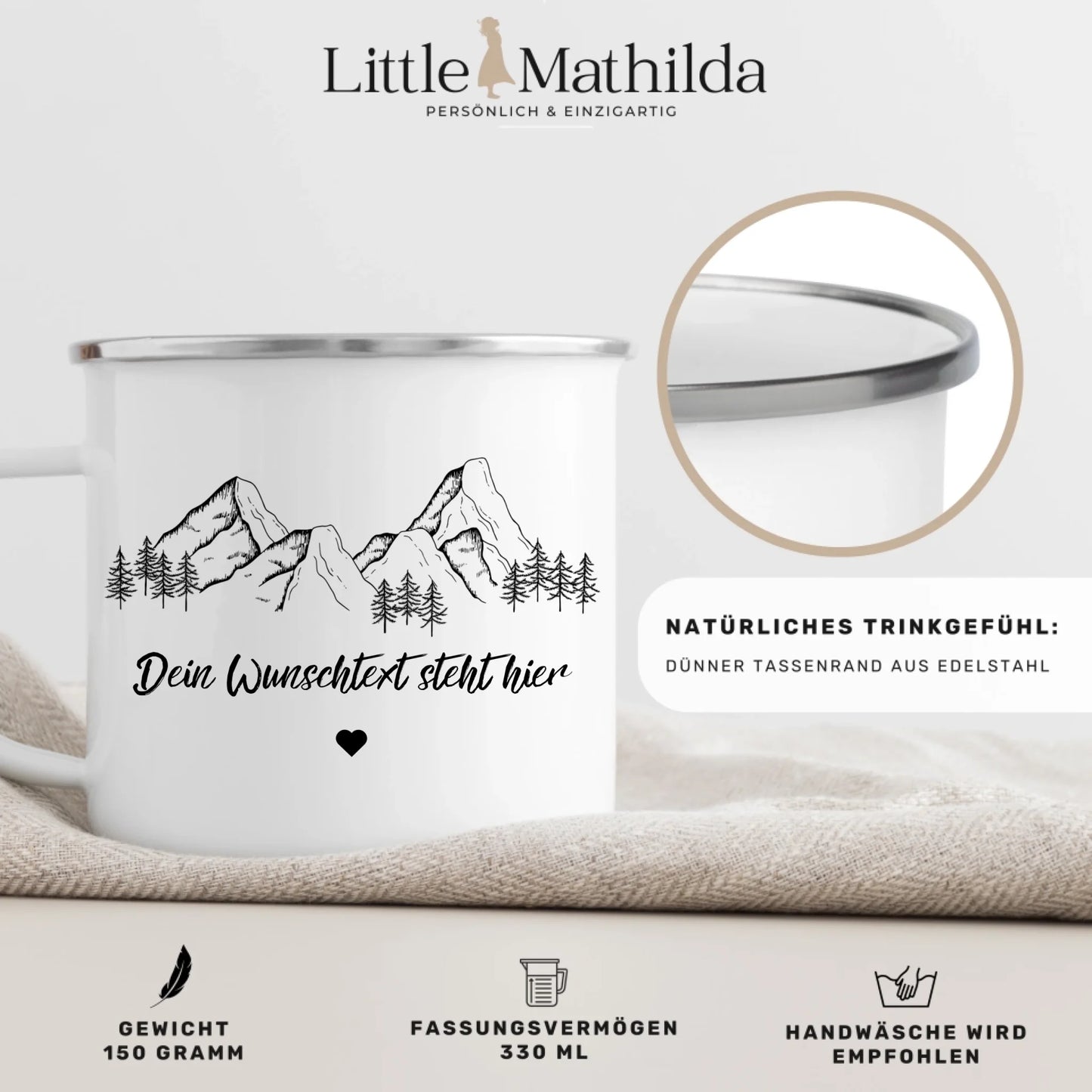 Personalisierte Emaille Camping Tasse mit Camping-Zitaten