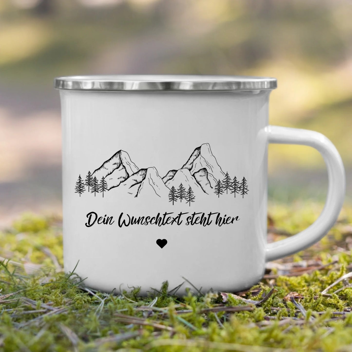 Personalisierte Emaille Camping Tasse mit Camping-Zitaten