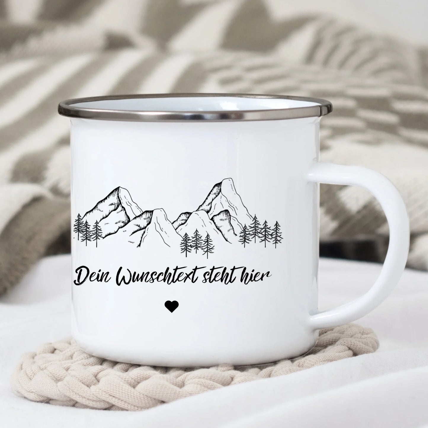 Personalisierte Emaille Camping Tasse mit Camping-Zitaten