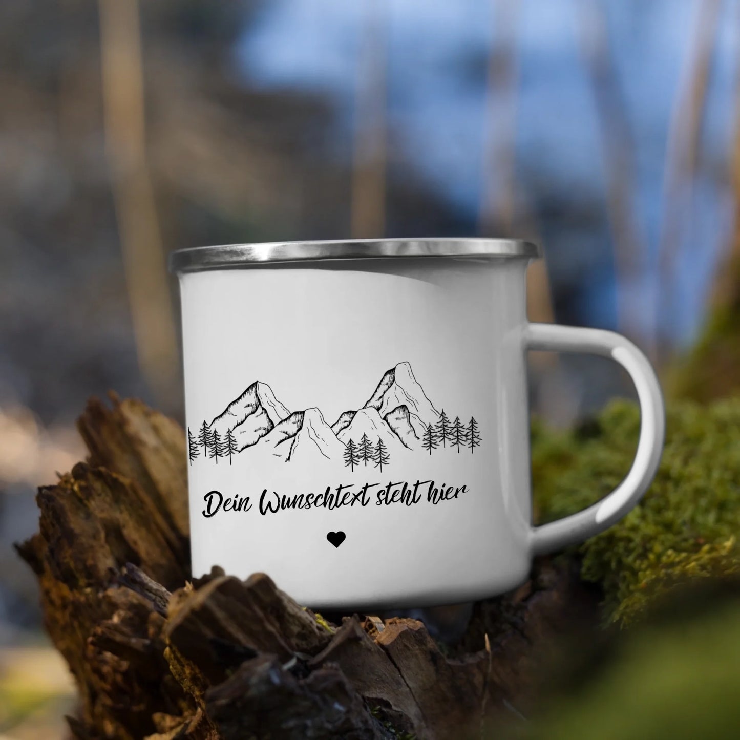 Personalisierte Emaille Camping Tasse mit Camping-Zitaten