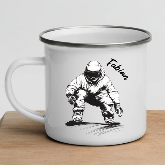 Snowboarder Emaille Tasse mit Namen – Individuelles Winter- & Outdoor-Geschenk