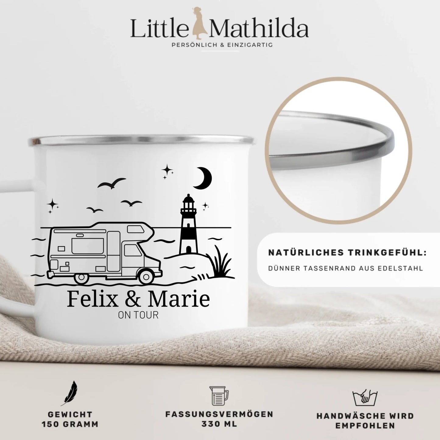 Emaille Camping Tasse Wohnwagen am Meer