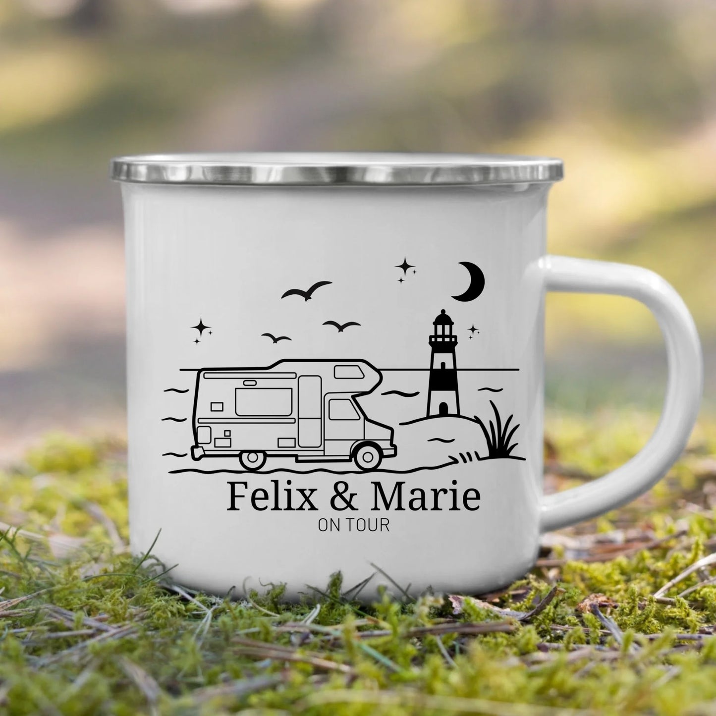 Emaille Camping Tasse Wohnwagen am Meer