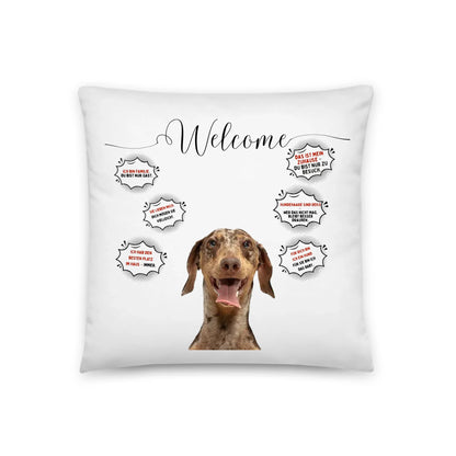 Personalisiertes Kissen Willkommen mit Wunschfoto vom Hund und witzigen Sprechblasen