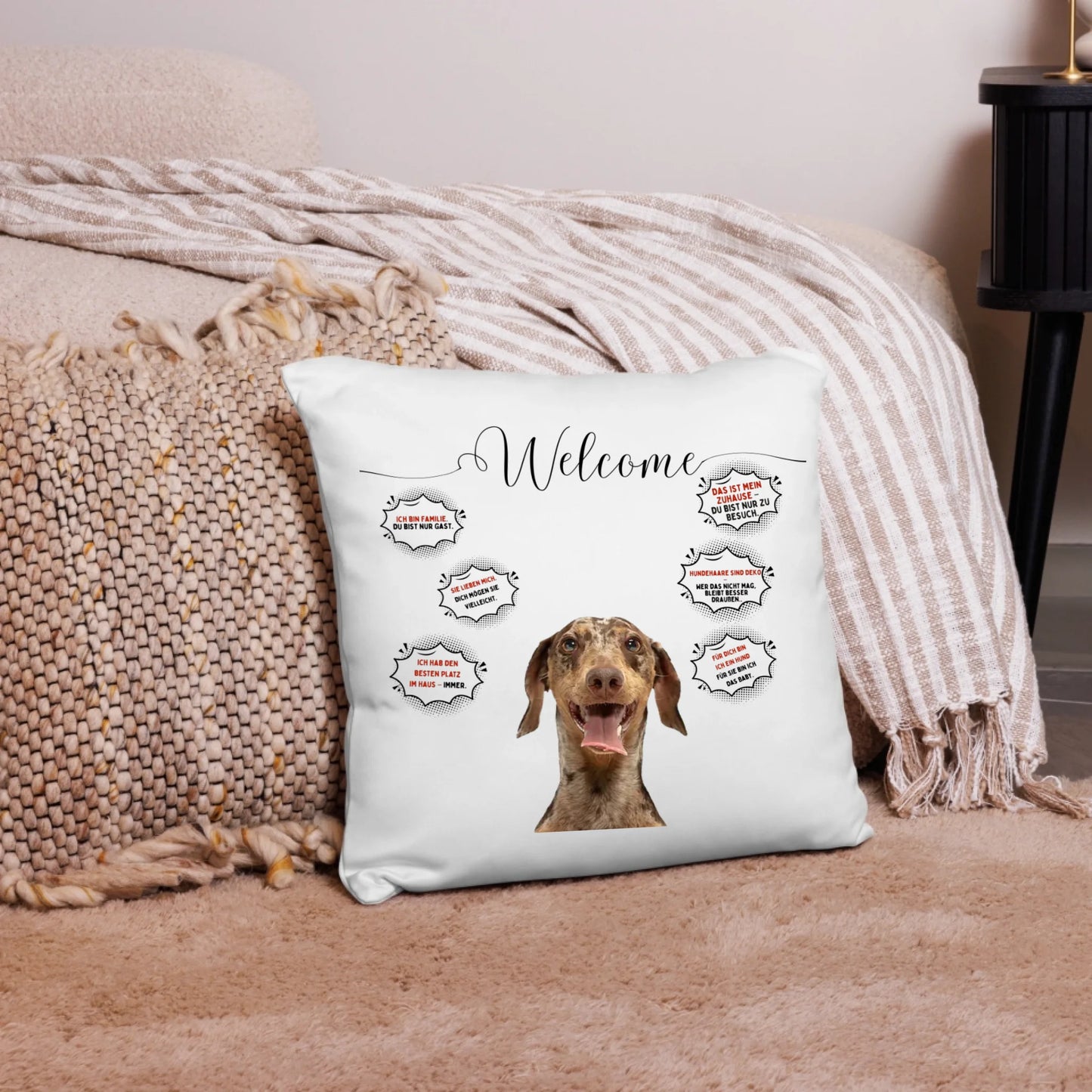 Personalisiertes Kissen Willkommen mit Wunschfoto vom Hund und witzigen Sprechblasen