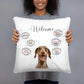 Personalisiertes Kissen Willkommen mit Wunschfoto vom Hund und witzigen Sprechblasen